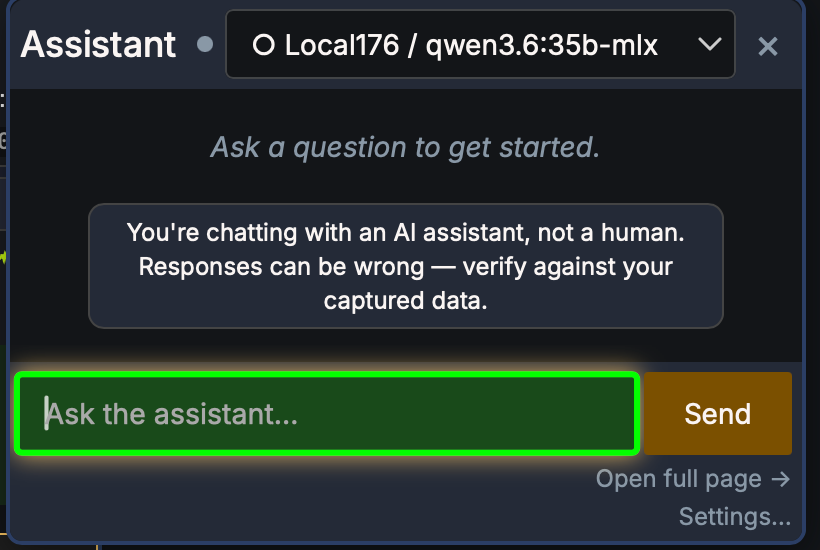 The assistant panel, with a model picker reading Local176 / qwen3.6:35b-mlx and a notice that responses can be wrong