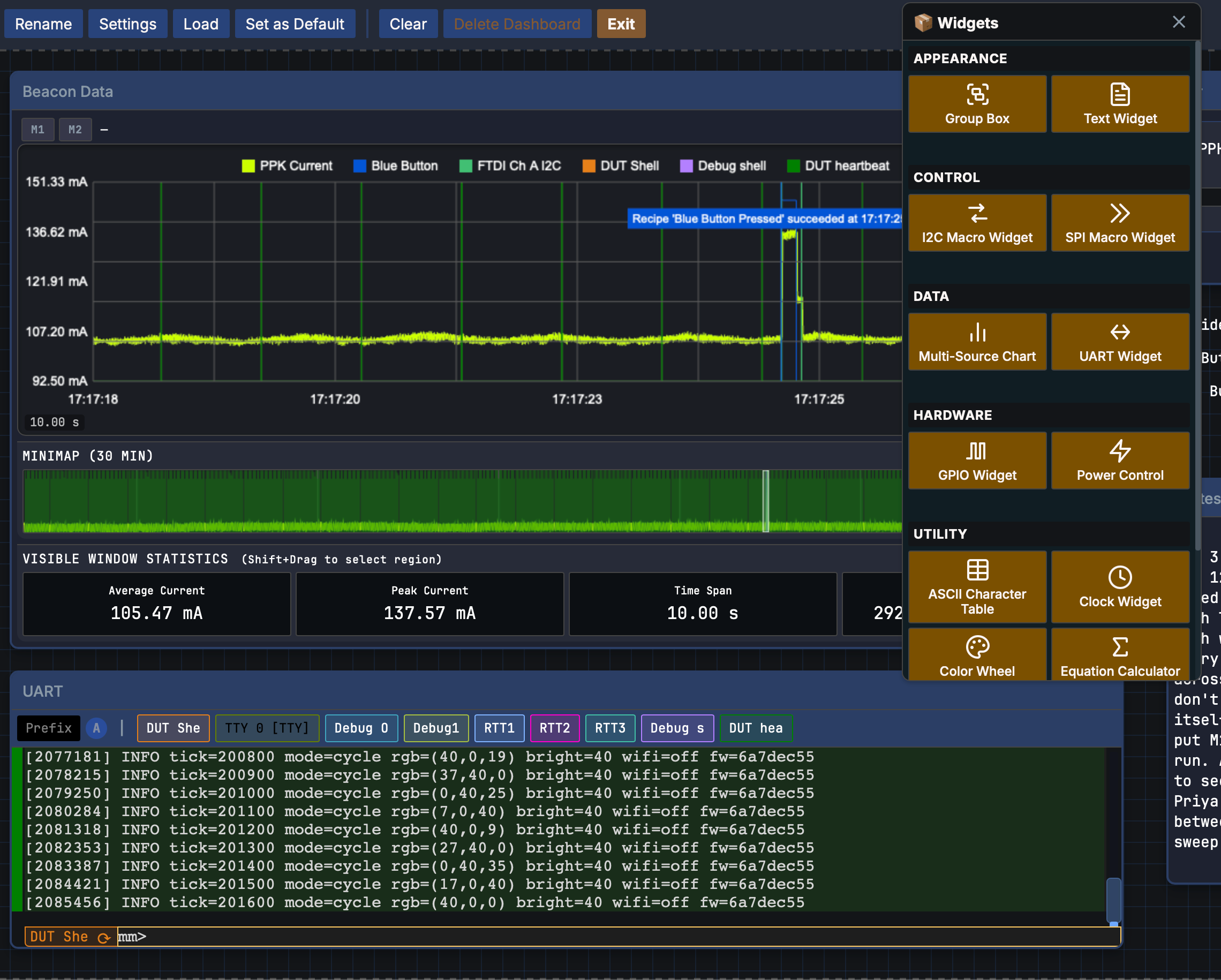 A dashboard in edit mode: the Rename, Settings, Load, Clear and Exit toolbar, a dashed layout grid, and the Widgets palette grouped into Appearance, Control, Data, Hardware and Utility