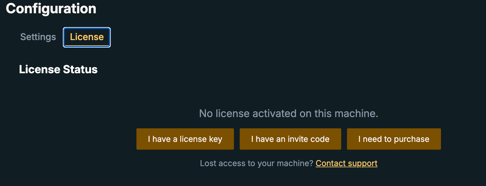 Configuration, License tab, with no licence activated and three buttons: I have a license key, I have an invite code, I need to purchase