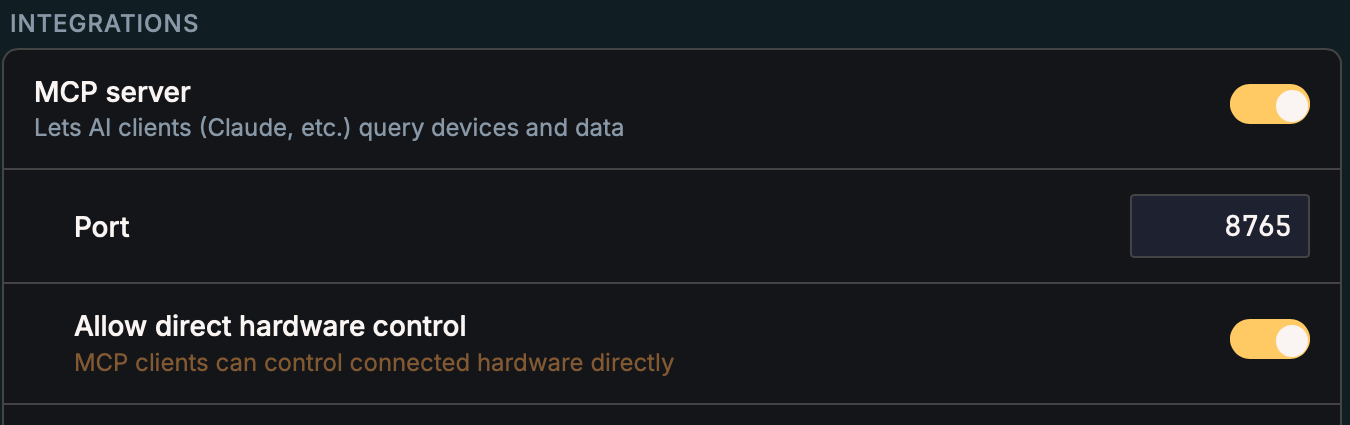 Settings, Integrations: an MCP server toggle with its port, and a separate Allow direct hardware control toggle